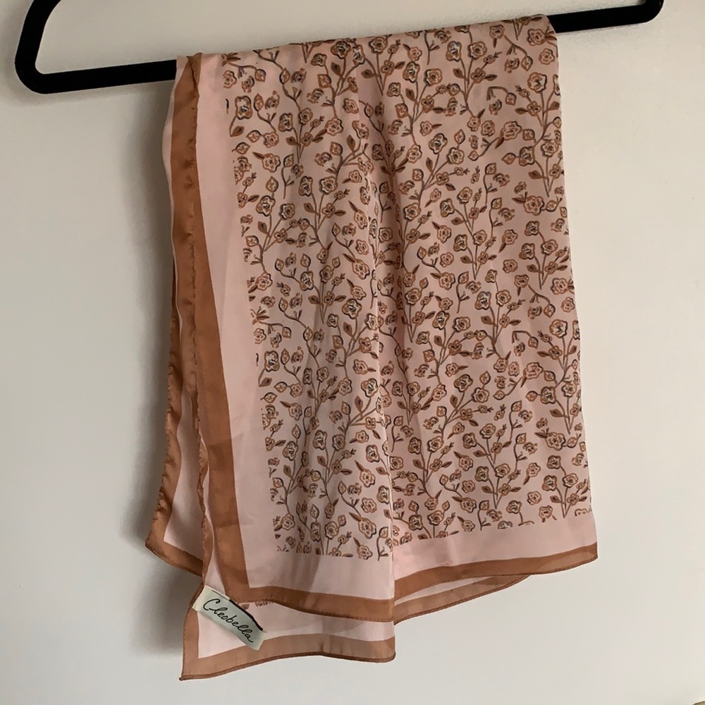 Cloeobella faux silk scarf in pink and caramel with flowers